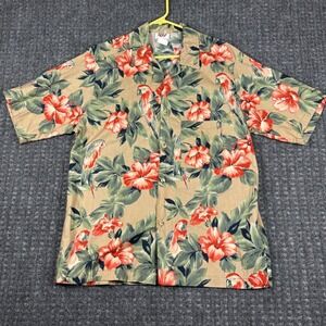 Surf Hawaiian Shirt Parrot Hibiscus Tropical Floral Print XL Tan